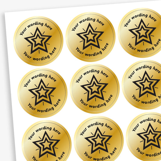 Sheet of 70 personalised 25mm circular stickers with a metallic gold finish; each sticker features a bold 'GOLD' in the centre, surrounded by the customisable text 'Your wording here' above and below, designed to reward pupils for achieving second place.