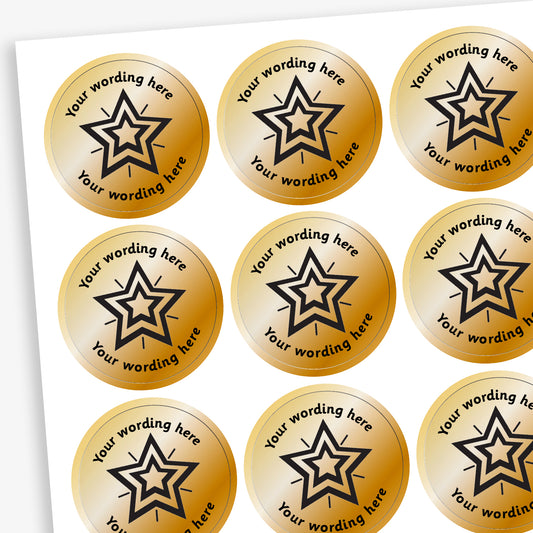Sheet of 35 round 37mm metallic bronze stickers featuring a bold black star design with customisable text above and below; ideal for rewarding pupils' achievements and personalising feedback.