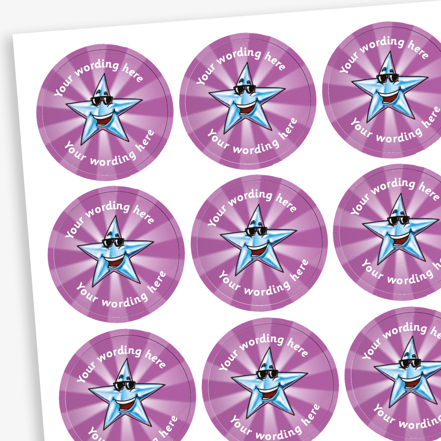 A sheet of circular, purple reward stickers featuring a cartoon silver, smiling star as a central image. Placeholder text above and below 'Your wording here' indicate customisation options.