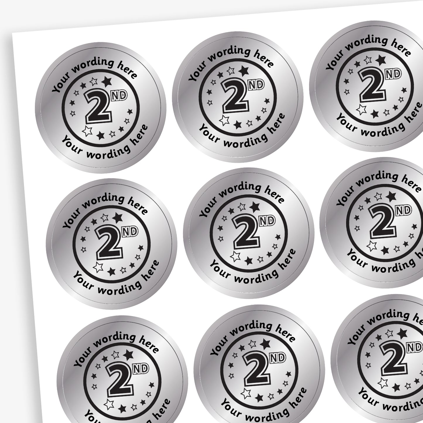 Sheet of 70 personalised 25mm circular stickers with a metallic silver finish; each sticker features a bold '2nd' in the centre, surrounded by the customisable text 'Your wording here' above and below, designed to reward pupils for achieving second place.