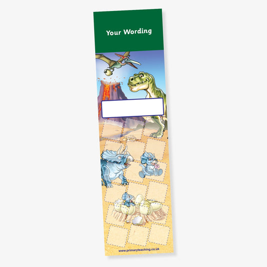 Tall bookmark-style reward chart with a green header for custom wording, featuring a colourful dinosaur scene including a volcano, flying pterosaur, T-Rex, triceratops, baby dinosaurs, and hatching eggs, with a blank space in the centre for a name and space to collect 18 stickers.