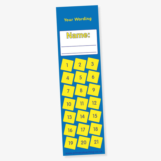 Blue reward chart bookmark with space to write a name, featuring 21 numbered yellow squares arranged in a scattered grid, and a customisable heading at the top.