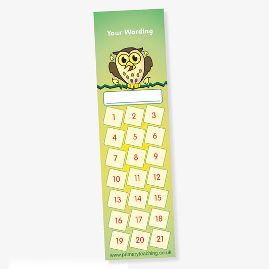 A vertical reward chart bookmark with a green gradient background. At the top is a cartoon owl perched on a branch, with placeholder text 'Your Wording' above. Beneath the owl is a blank white space for a name, followed by 21 numbered boxes arranged diagonally down the bookmark.