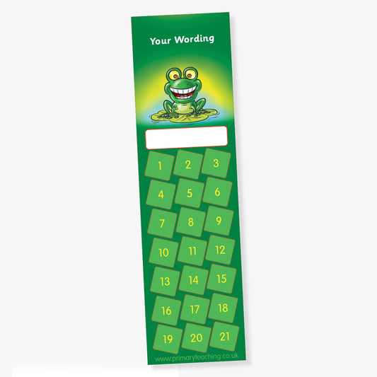 Green bookmark-style reward chart featuring a cheerful cartoon frog sitting on a lily pad, a blank name box, and 21 numbered green squares for colelcting stickers. Includes space at the top for custom wording.