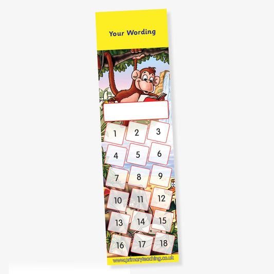A colourful reward chart bookmark with a jungle theme, featuring a cheerful cartoon monkey hanging from a tree at the top. The background includes trees and vines, with a yellow header labelled 'Your Wording'. Below is a grid of numbered boxes from 1 to 18, designed for collecting stickers.