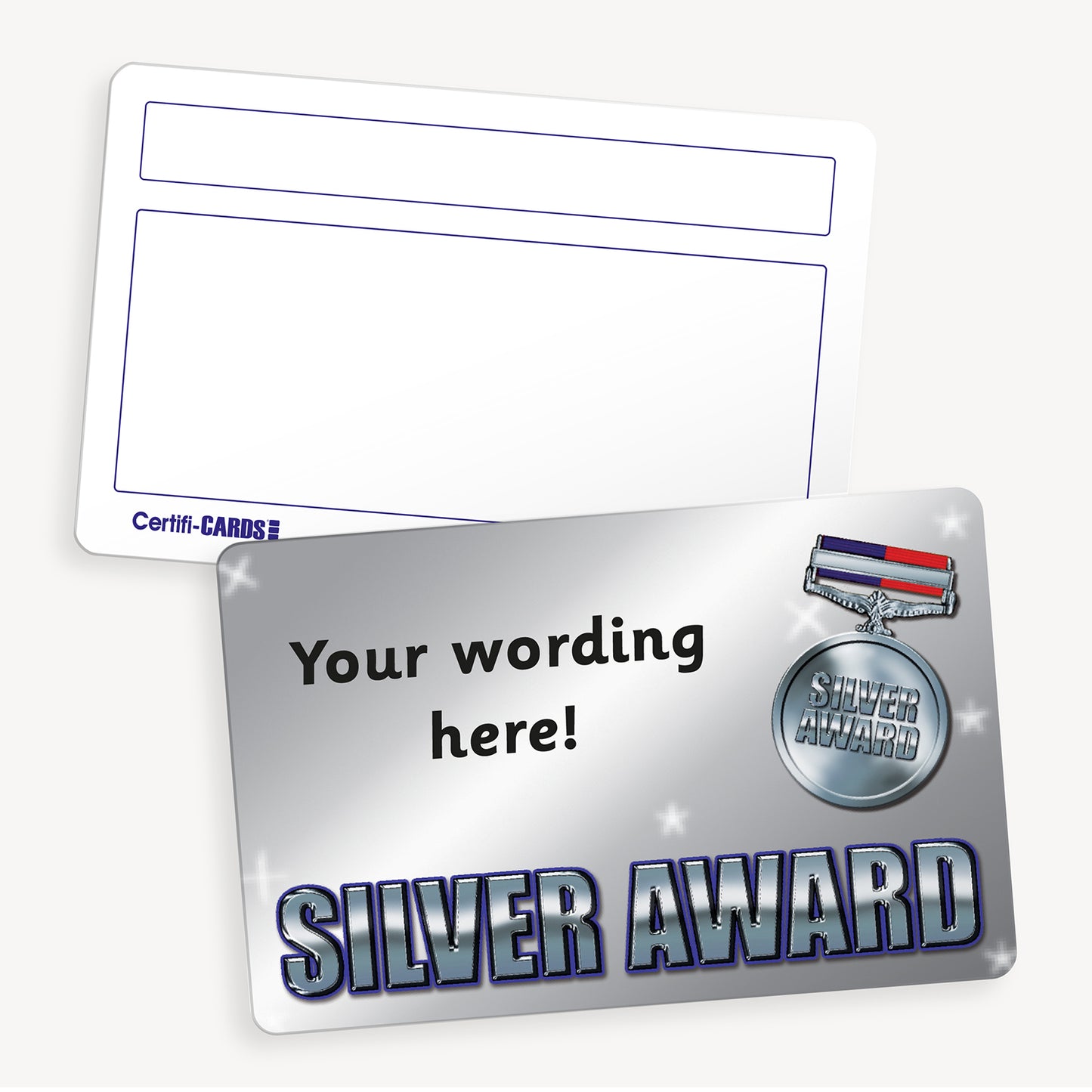 Personalised CertifiCARD measuring 86mm by 54mm, featuring a silver background with the phrase 'SILVER AWARD' in bold silver text with blue outline,  A silver medal is to the right of the card with customisable black text lines to the right; reverse side includes two white boxes for handwritten recipient details—ideal for recognising pupil achievements in reading.