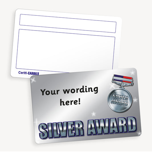 Personalised CertifiCARD measuring 86mm by 54mm, featuring a silver background with the phrase 'SILVER AWARD' in bold silver text with blue outline,  A silver medal is to the right of the card with customisable black text lines to the right; reverse side includes two white boxes for handwritten recipient details—ideal for recognising pupil achievements in reading.