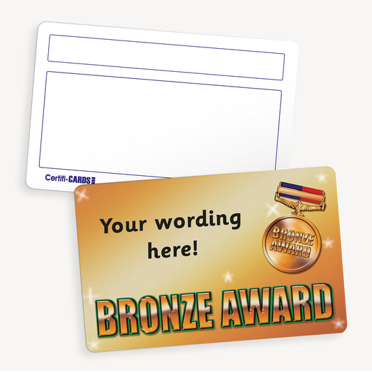 Personalised CertifiCARD measuring 86mm by 54mm, featuring a bronze background with the phrase 'BRONZE AWARD' in bold bronze text with green outline.  A bronze medal is to the right of the card with customisable black text lines to the right; reverse side includes two white boxes for handwritten recipient details—ideal for recognising pupil achievements in reading.
