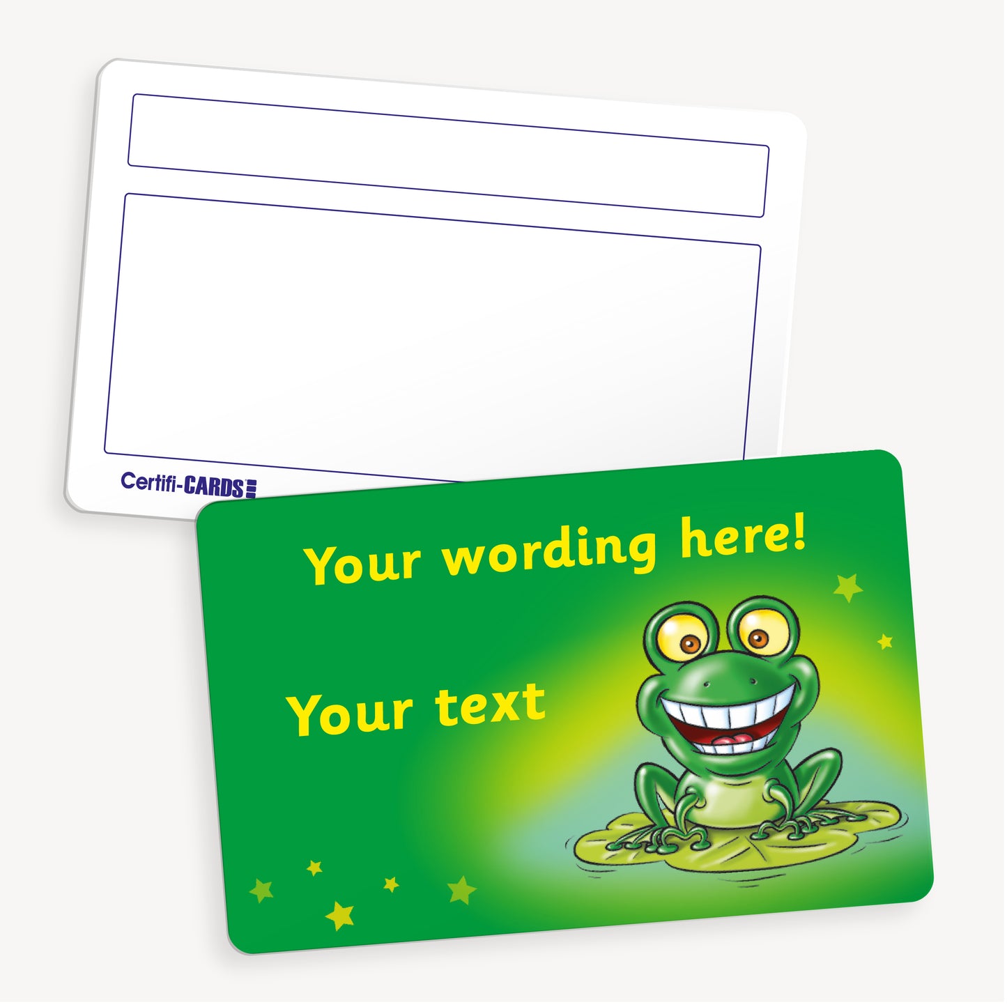 Personalised CertifiCARD measuring 86mm by 54mm, featuring a playful frog illustration with a big smile, sitting on a lily pad, surrounded by green leaves; the phrase 'Well Done!' in bold, colourful letters, with space for custom text to recognise pupil achievements.