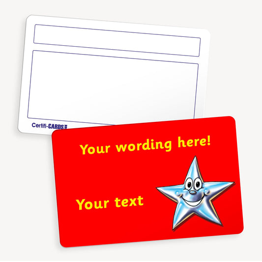 Personalised CertifiCARD featuring a smiling 3D silver star on a red background with customisable yellow text lines above and to the left of the star; reverse side includes two white boxes for handwritten recipient details—ideal for recognising pupil achievements
