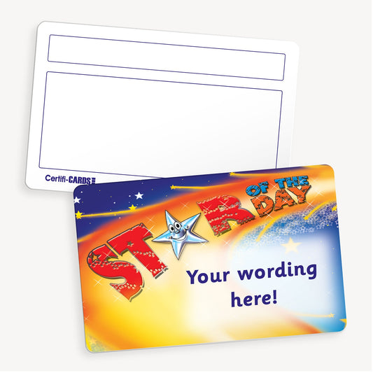 Personalised Star of the Day CertifiCARD featuring a vibrant design with a smiling silver star and the text 'Star of the Day' in bold red and yellow letters. The front side includes the placeholder text 'Your wording here!' in blue, allowing for customisation. The reverse side displays two white boxes for handwritten recipient details. The card measures 86mm x 54mm and is designed for rewarding outstanding pupil achievements.