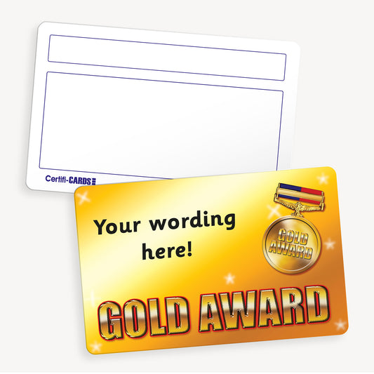 Personalised CertifiCARD measuring 86mm by 54mm, featuring a gold background with the phrase 'GOLD AWARD' in bold gold text with red outline,  A gold medal is to the right of the card with customisable black text lines to the right; reverse side includes two white boxes for handwritten recipient details—ideal for recognising pupil achievements in reading.