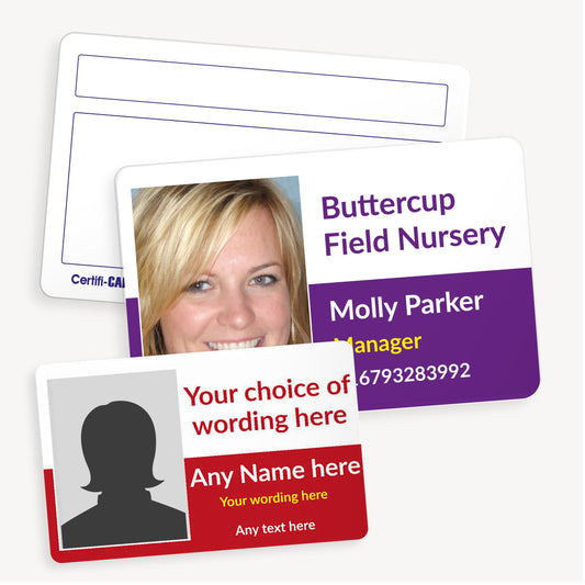 Personalised photo ID cards, featuring a sample layout with a staff photo on the left with text options on the right for personalisation such as: company  name, staff member's name and role, and telephone number. The cards are available in plastic or eco card material, measuring 86mm x 54mm.