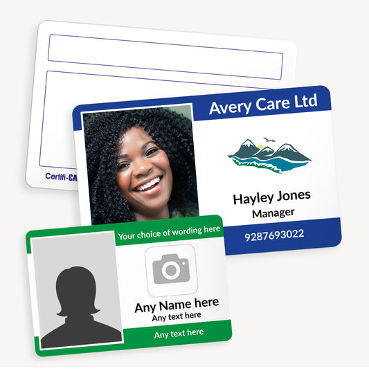Customisable ID card measuring 86mm by 54mm, featuring a white background with a border incorporating your uploaded logo; includes space for a photo, name, role, and additional details—ideal for school staff, visitors, or pupils.