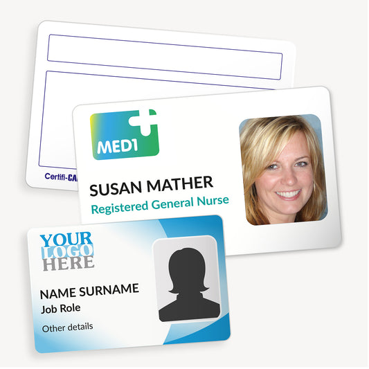 Customisable ID card measuring 86mm by 54mm, featuring a colourful gradient background with space for uploading your own photo and custom text; ideal for creating personalised ID cards for staff, students, or visitors.