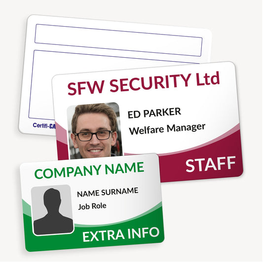Customisable ID card measuring 86mm by 54mm, featuring a colourful curve in the bottom third of the card with space for uploading your own photo and custom text; ideal for creating personalised ID cards for staff, students, or visitors.