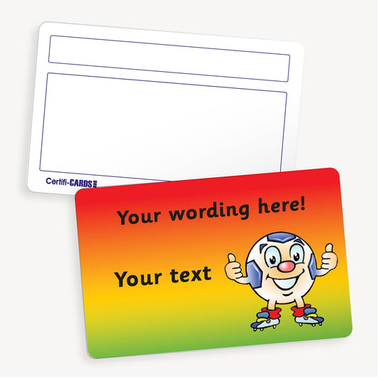 Personalised CertifiCARD featuring a vibrant green, yellow and red background with a smiling football illustration. The front side includes the placeholder text 'Your text here' in bold black letters, allowing for customisation. The reverse side displays two white boxes for handwritten recipient details. The card measures 86mm x 54mm.