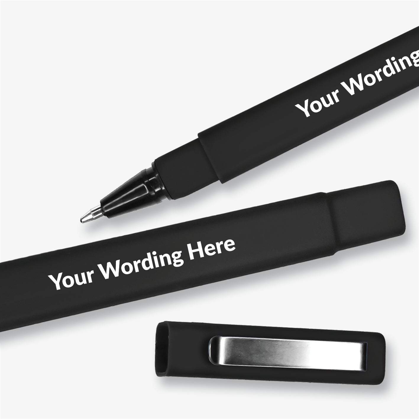 Black, square barrelled, textured ball point pen with  brushed metal clip on the lid.  Placeholder text 'Your Wording Here' on the barrel