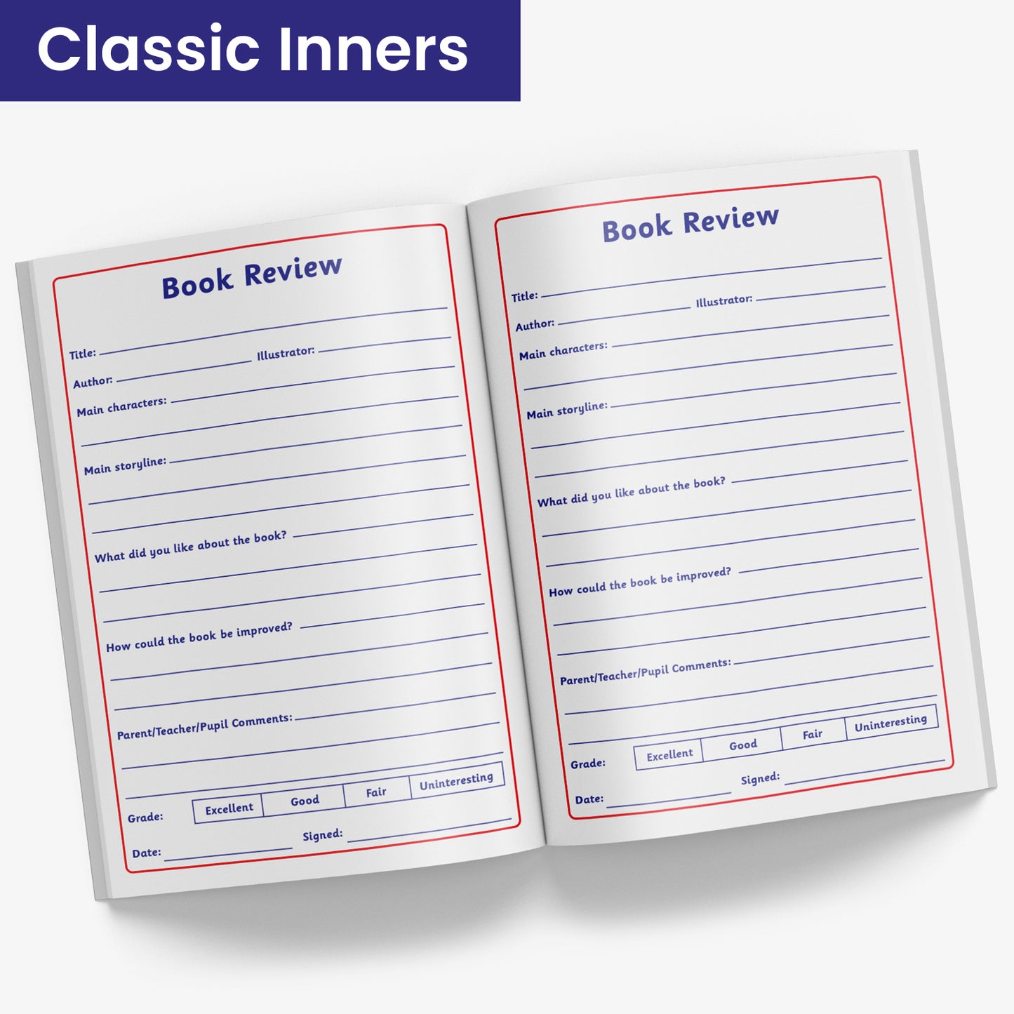 Internal pages of reading record book showing Book Review pages for the reader to review the book that they have read