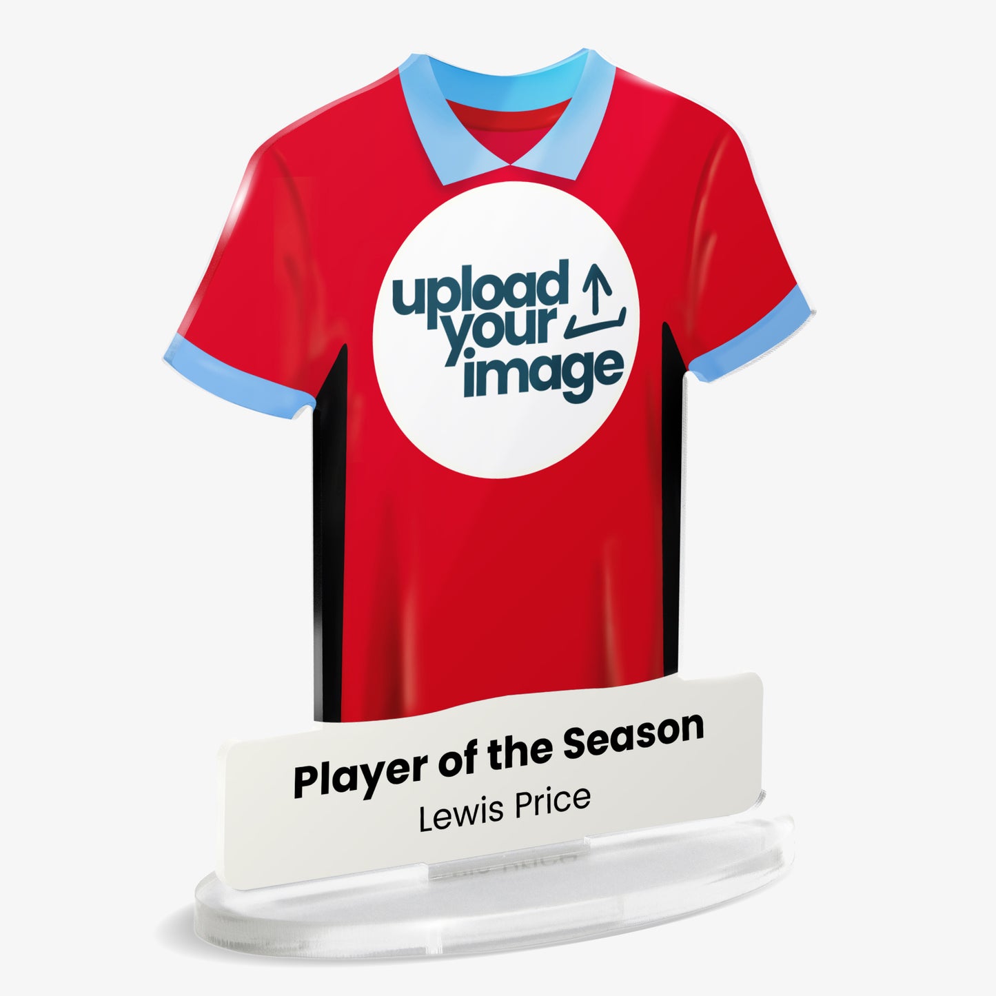 Acrylic t-shirt plaque showing red sports shirt with black panels and a blue collar featuring 'upload your image' emblem and 'Player of the Season' text below.