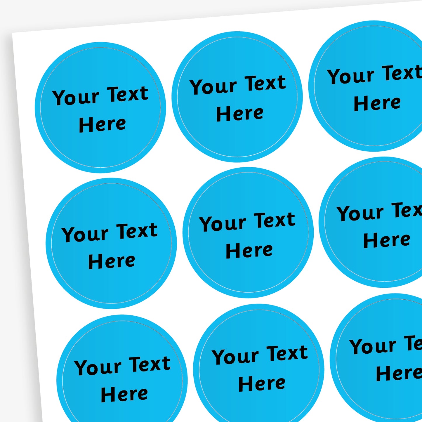 A sheet of circular, blue reward stickers featuring central placeholder text 'Your wording here' indicating customisation options.