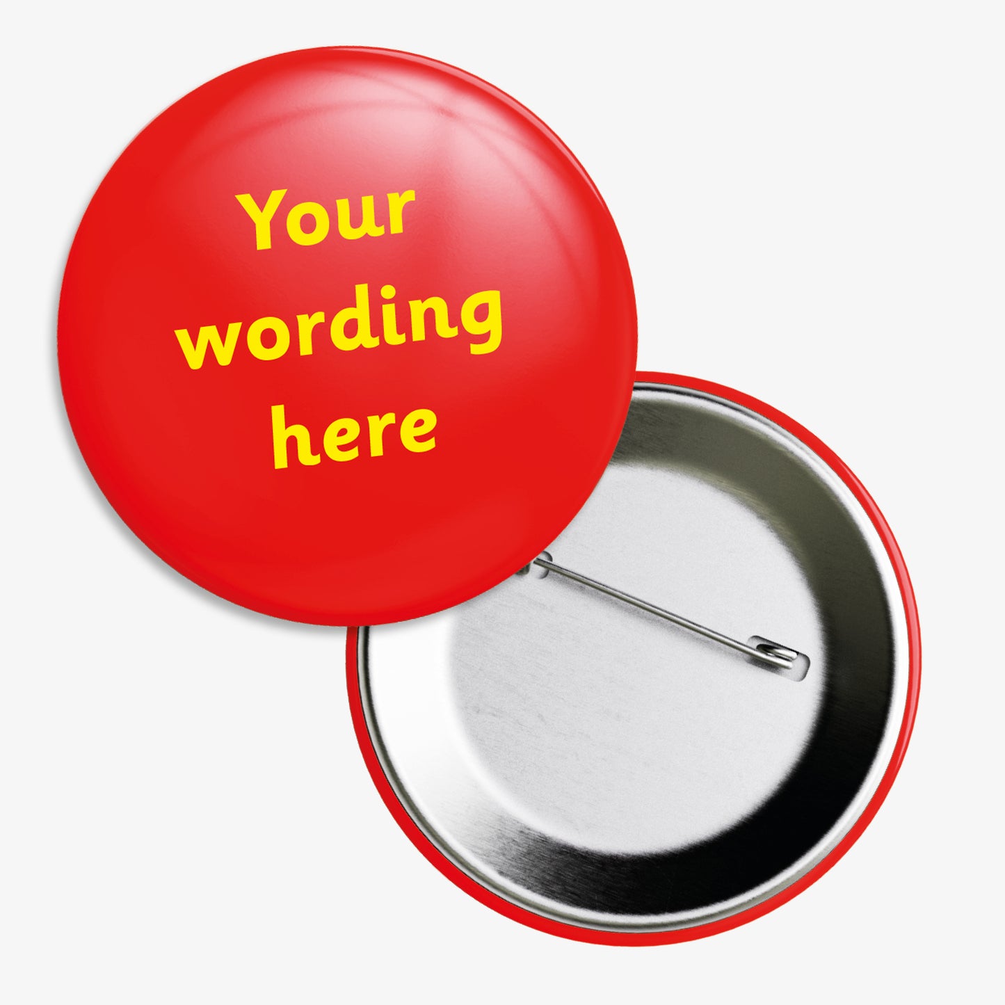 A set of ten 50mm round badges featuring a colour choice background with a central area for 'Your wording here'; designed for personalisation with text, ideal for school rewards or events