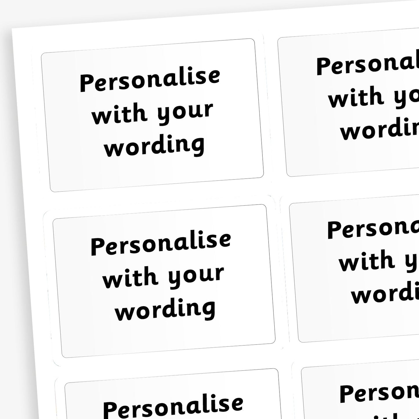 A sheet of rectangular white stickers.  ach sticker has placeholder text reading 'Personalise with your wording'. The stickers are designed for custom use, allowing personalised messages to be added.