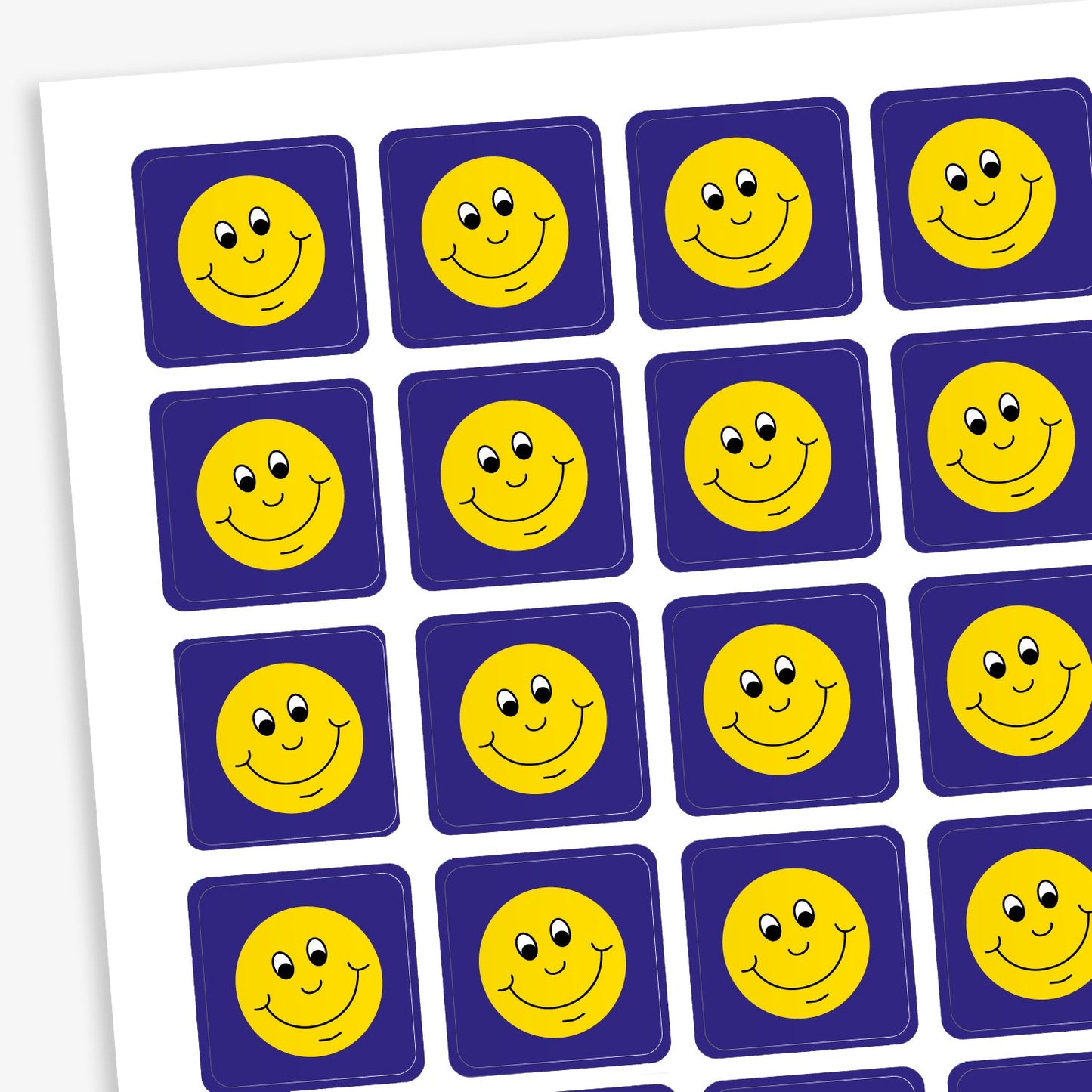 A sheet of 140 square 16mm reward stickers, each featuring a yellow smiling comical face, set against a vibrant blue background.