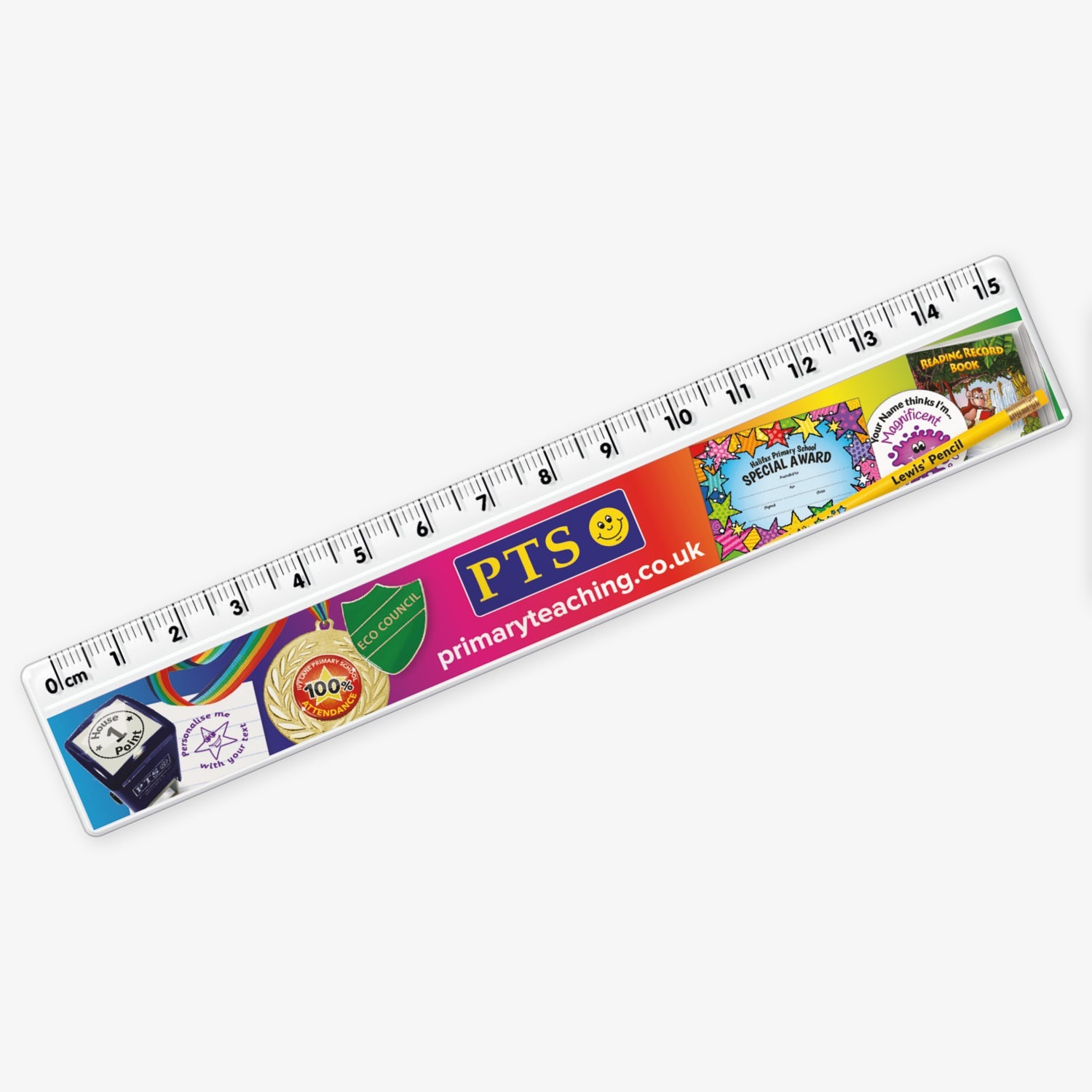 Plastic 15cm ruler featuring a clear measurement scale and a colourful design along the centre. The design showcases various school-themed reward graphics and the 'PTS' logo with the website primaryteaching.co.uk.