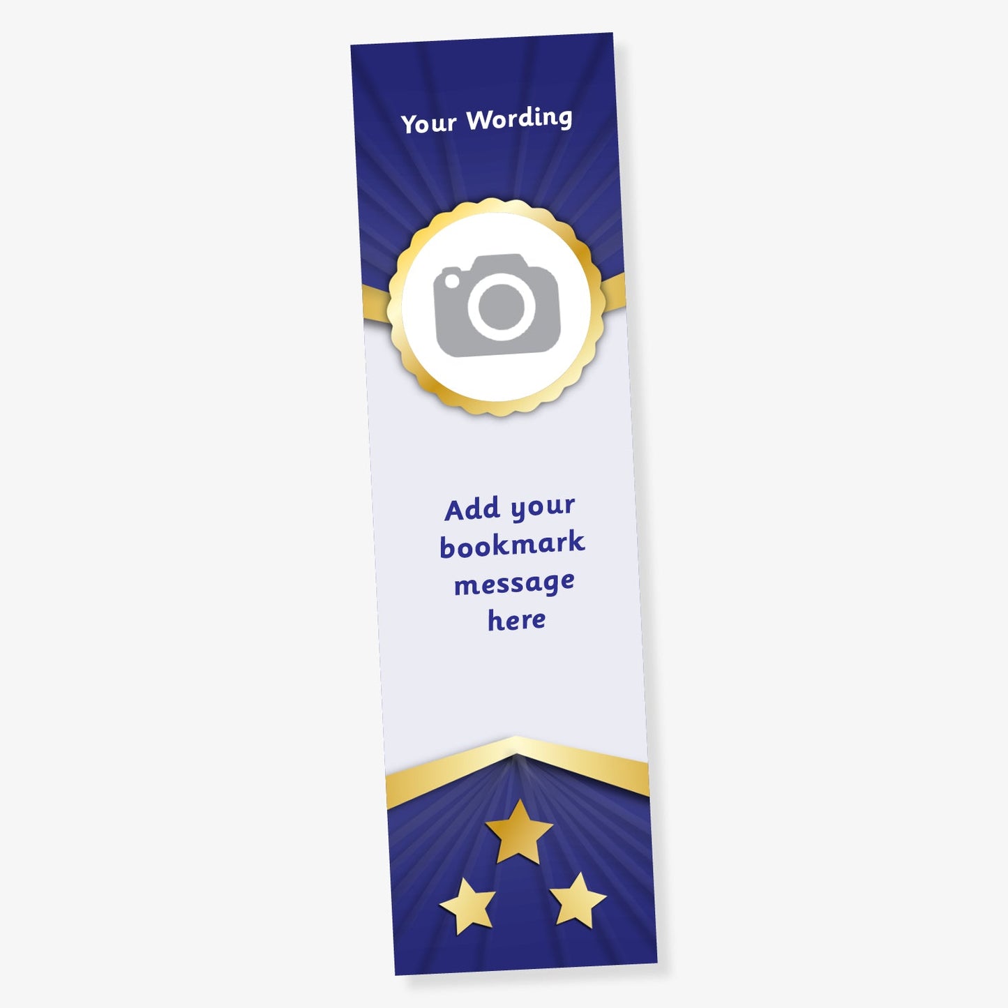 Customisable award bookmark design with a blue and gold theme. Features placeholder text 'Header Wording' at the top, a circular image placeholder resembling a rosette, and 'Award Text Here' in the centre. The bottom section includes three gold stars on a blue background with a gold border.