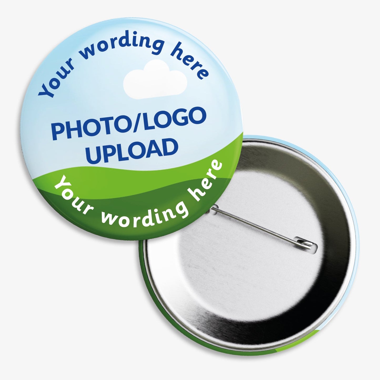 Circular badge with blue background, featuring placeholder text 'Your wording here' at the top and bottom. The centre displays a sample image area labelled 'UPLOAD IMAGE', indicating customisable space for a personal image or logo. The badge is accompanied by a rear view showing a metal pin fastening.