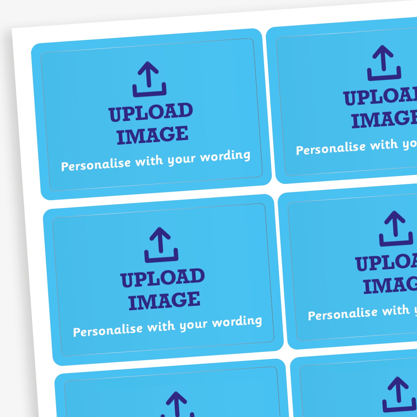 A sheet of blue customisable rectangular stickers with placeholder text that reads 'UPLOAD IMAGE' and 'Personalise with your wording'. These stickers are intended for custom school or event use.