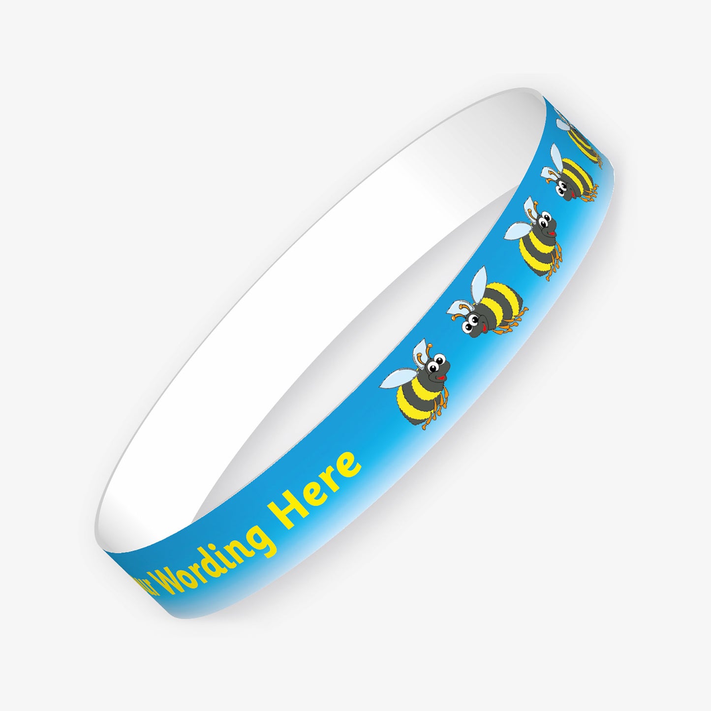 A customisable wristband with a cyan background and yellow text. The centre is displaying the placeholder text 'YOUR WORDING HERE' alongside images of cartoon bees