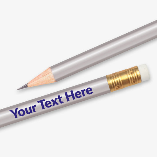 Personalised silver HB pencil with customisable text along the full barrel, complete with eraser.  Designed for classroom rewards or promotional use.