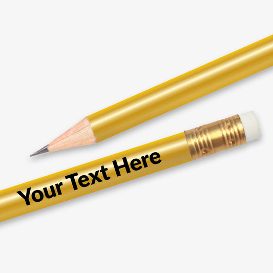 Personalised gold HB pencil with customisable text along the full barrel, complete with eraser.  Designed for classroom rewards or promotional use.