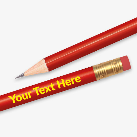 Personalised red HB pencil with customisable text along the full barrel, complete with eraser.  Designed for classroom rewards or promotional use.