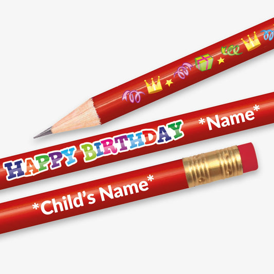 Personalised red HB pencil with 'HAPPY BIRTHDAY' and celebration icons on the barrel with space for customisable text closest to the eraser.  Designed for classroom rewards or promotional use.