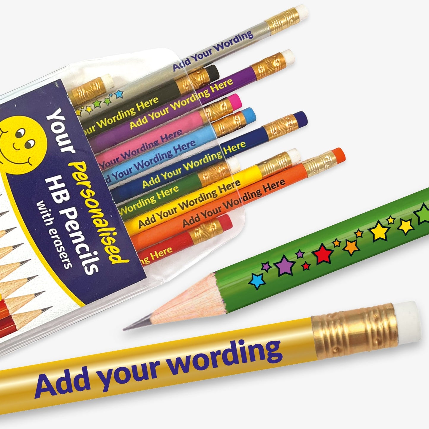 Personalised set of 12 HB pencils, each barrel a different colour. With stars along half of the barrel there remains space to customise text on the remaining space, complete with eraser. Designed for classroom rewards or promotional use.