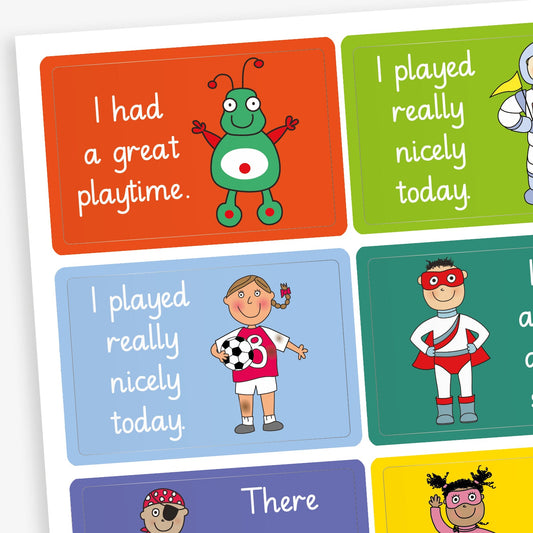 A selection of rectangular reward stickers featuring cheerful illustrations and positive behaviour messages. Text includes: 'I had a great playtime' with a smiling alien, and 'I played really nicely today' shown on both a green background with a robot and a blue background with a child holding a football. Other stickers include characters such as a superhero and a pirate, all with bright, colourful backgrounds.