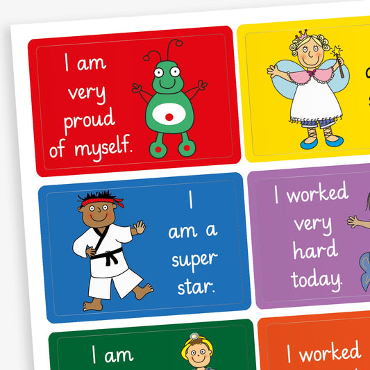 A sheet of rectangular motivational stickers for children, each featuring a positive affirmation and a cheerful cartoon character. Messages include: 'I am very proud of myself' with a green alien on a red background, 'I am a super star' with a child in martial arts uniform on blue, and 'I worked very hard today' with a child on a purple background. Other characters include a princess and a school pupil, with each sticker brightly coloured.