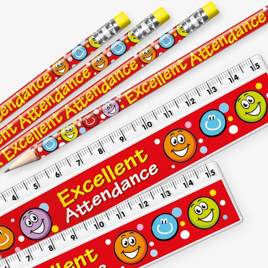 Set of 12 matching pencil and ruler pairs, each featuring a vibrant red background with multicoloured smiling faces and bold yellow and white text reading 'Excellent Attendance' along the side.