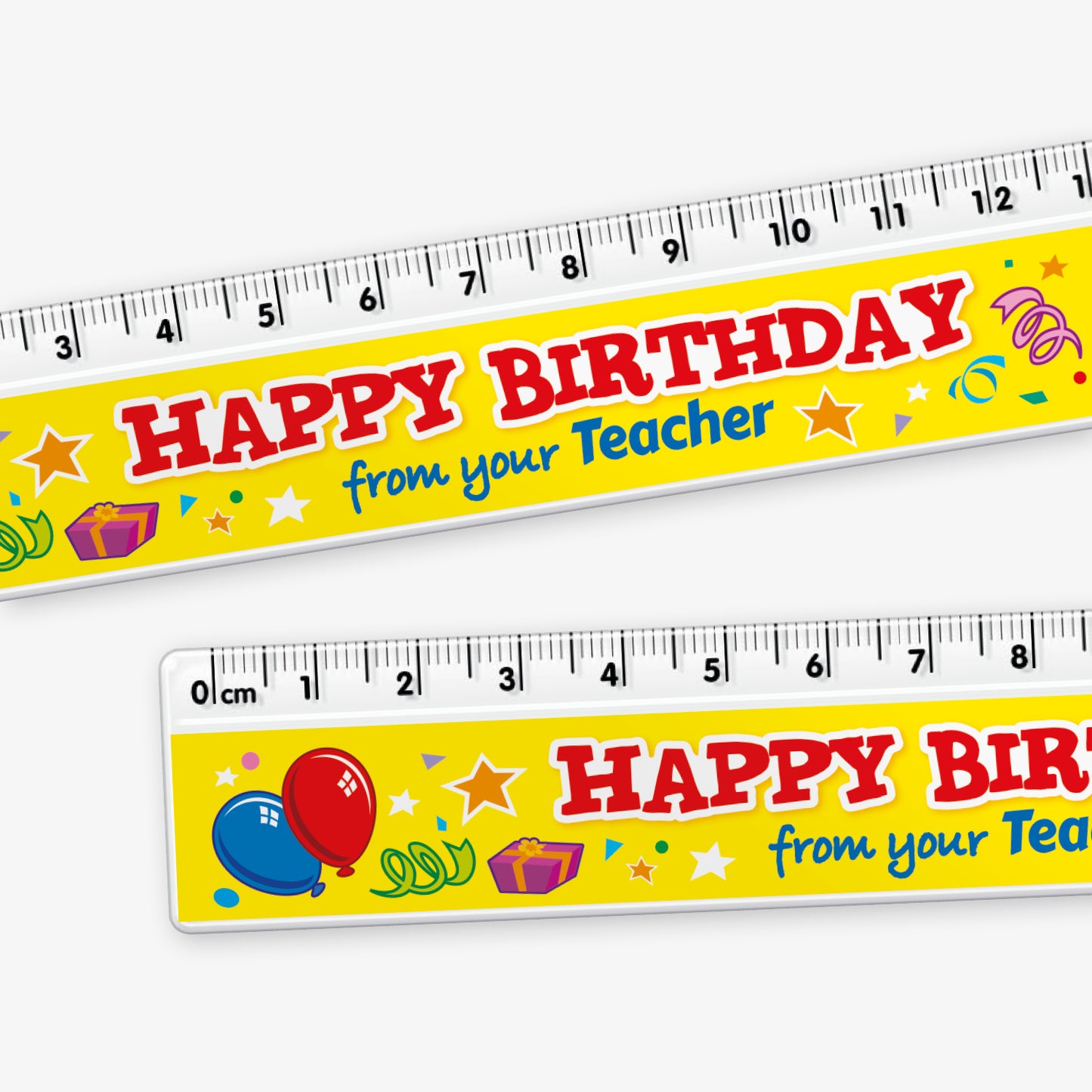 A close up of a vibrant yellow ruler with a background of presents and streamers and bold red and blue text reading 'Happy Birthday from your Teacher' in the centre