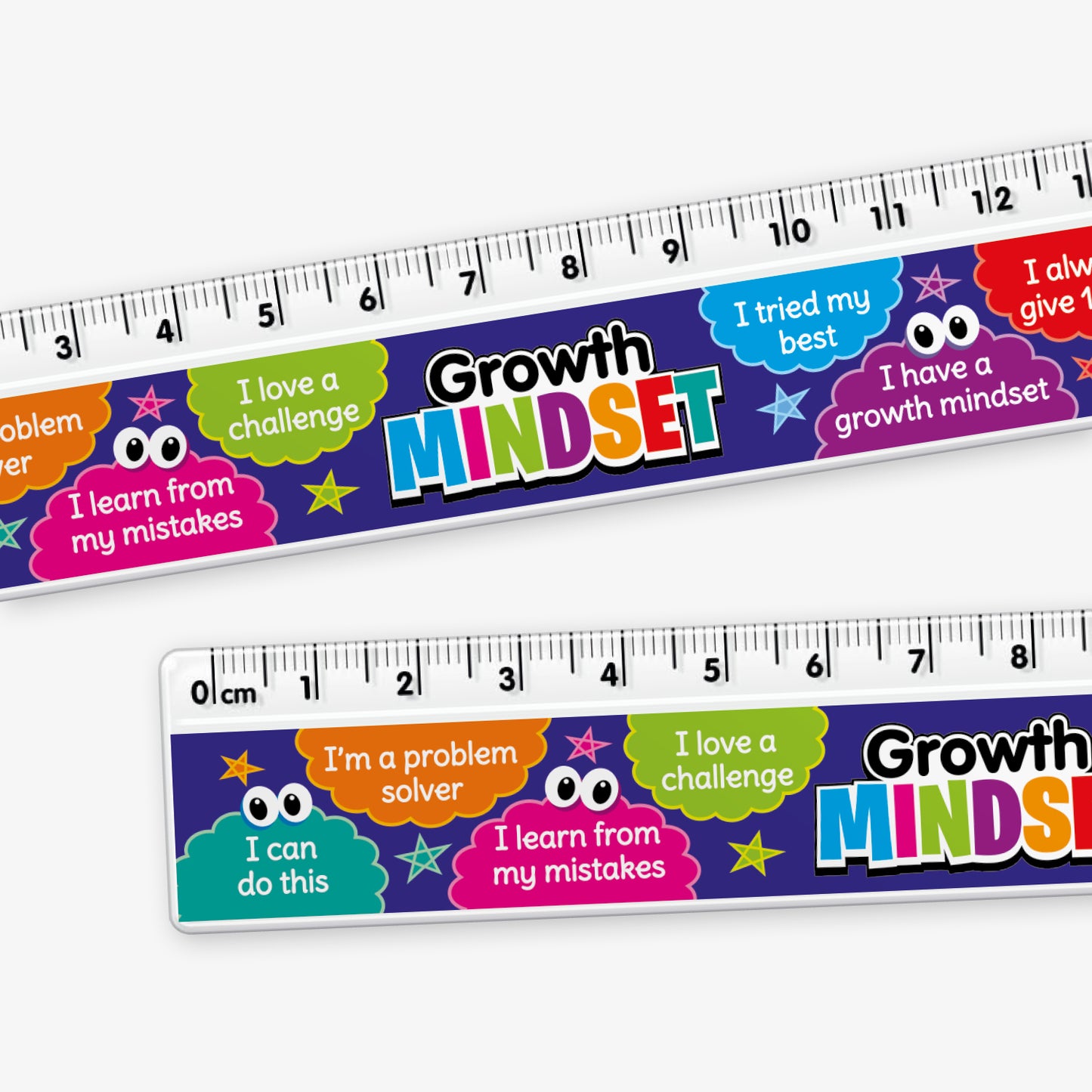 A colourful 15cm ruler with a 'Growth Mindset' theme. Along the bottom edge are motivational phrases in bright speech bubbles, including: 'I can do this', 'I'm a problem solver', 'I love a challenge', 'I learn from my mistakes', 'I tried my best', 'I have a Growth Mindset', 'I always give 100%', and 'I listen to feedback'. The ruler has a a clear measurement scale along the top and a dark blue background with stars and cartoon brains.