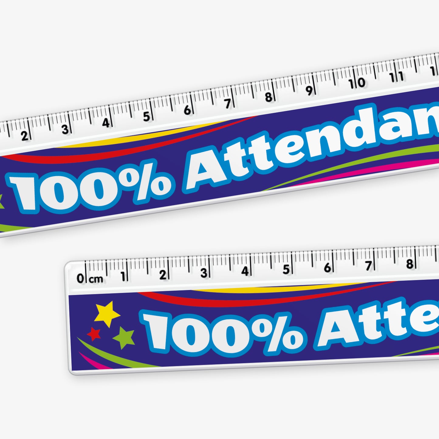 A 15cm plastic ruler featuring a vibrant design with the phrase '100% Attendance' in bold yellow text on a blue background, adorned with colourful stars and rainbow accents; designed as a reward for pupils achieving perfect attendance in educational settings.