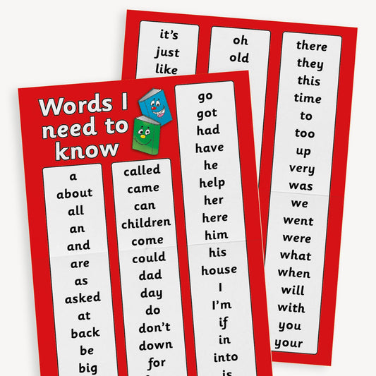 2 red A2 portrait posters overlaying each other featuring the phrase 'Words I need to know' in bold white lettering.  There are three white columns on each poster containing 100 high frequency key words words such as 'about', 'don't', 'there' and 'your'.