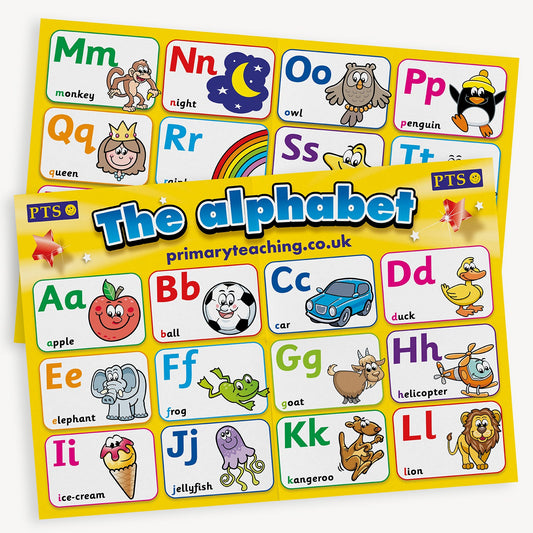 2 vibrant yellow A2 landscape posters overlaying each other with the phrase 'The alphabet' in bold blue text as a header.  The top poster shows 12 boxes with images with corresponding word representing letters Aa through to Ll.  The second poster is partly shown to be featuring the remaining letters af the alphabet.  Letters are shown in both capitals and small letters.