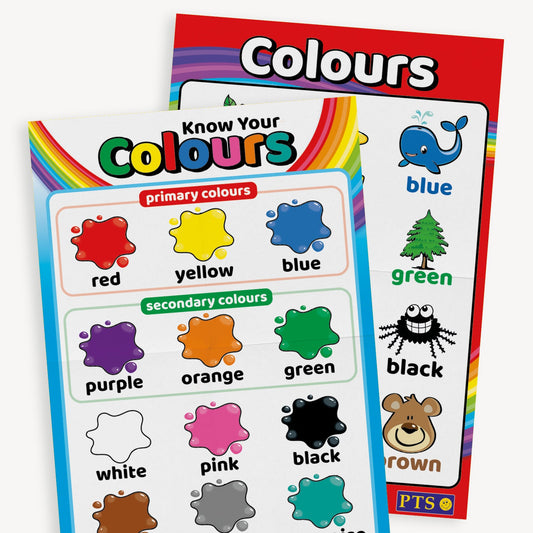 Two posters titled 'Colours' and 'Know Your Colours'. The front poster categorises colours into 'Primary Colours' (red, yellow, blue) and 'Secondary Colours' (purple, orange, green), along with additional colour paint splats for white, pink, black, brown, grey, and turquoise. The second poster shows illustrated objects with colour labels such as a blue whale, green tree, black spider, and brown bear.