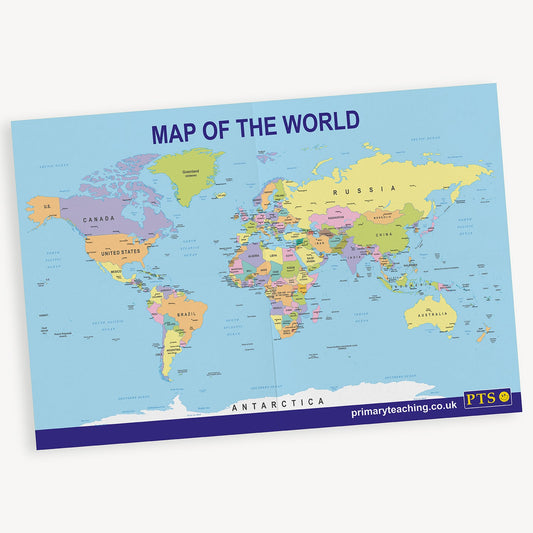Educational political map of the world featuring countries in different colours with labels for major nations and oceans. Includes title 'Map of the World'