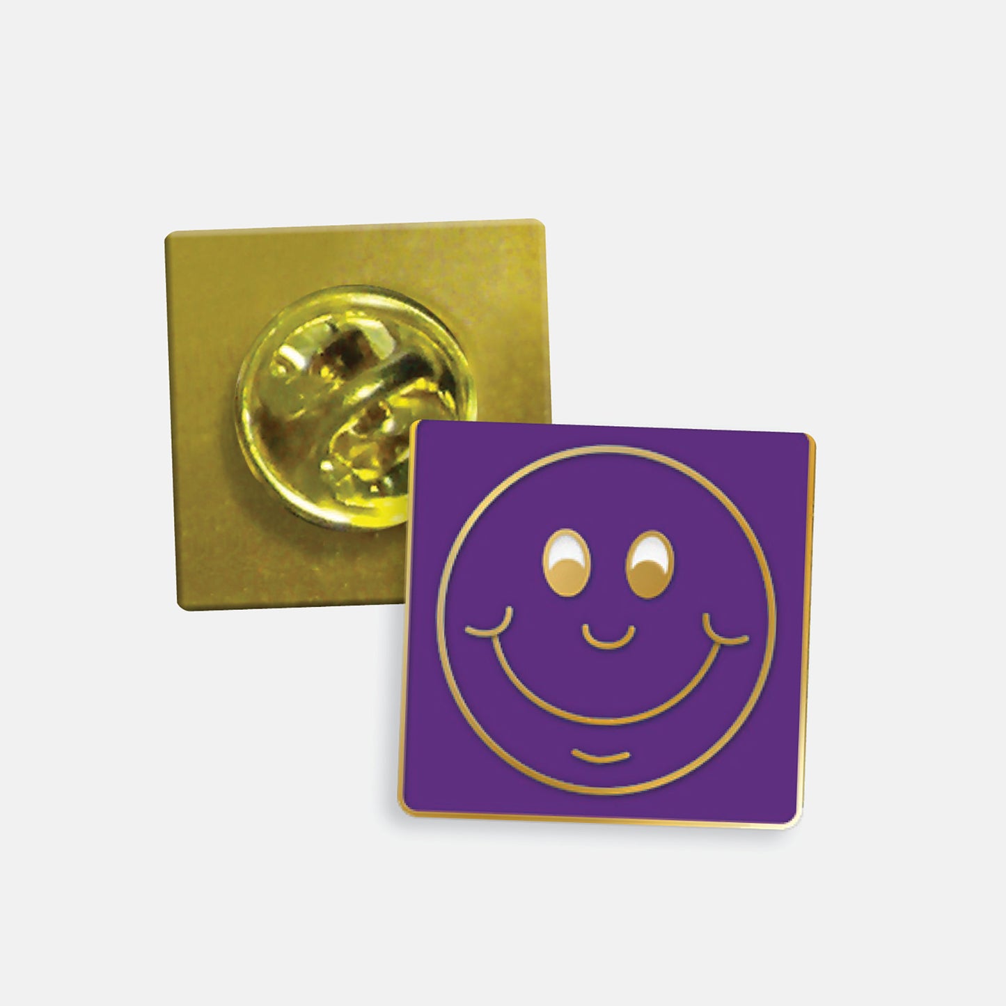 Purple enamel square badge with a gold smiling face as it's design. The reverse side shows a gold back with a butterflyfastening