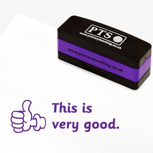 Rectangular self-inking, stackable stamper 44mm x 13mm with purple ink, featuring the phrase 'This is very good.' alongside a thumbs up icon.